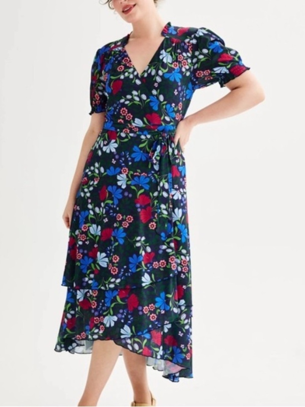 Draper James Navy Floral Wrap Maxi Dress with Pink & Blue Accents